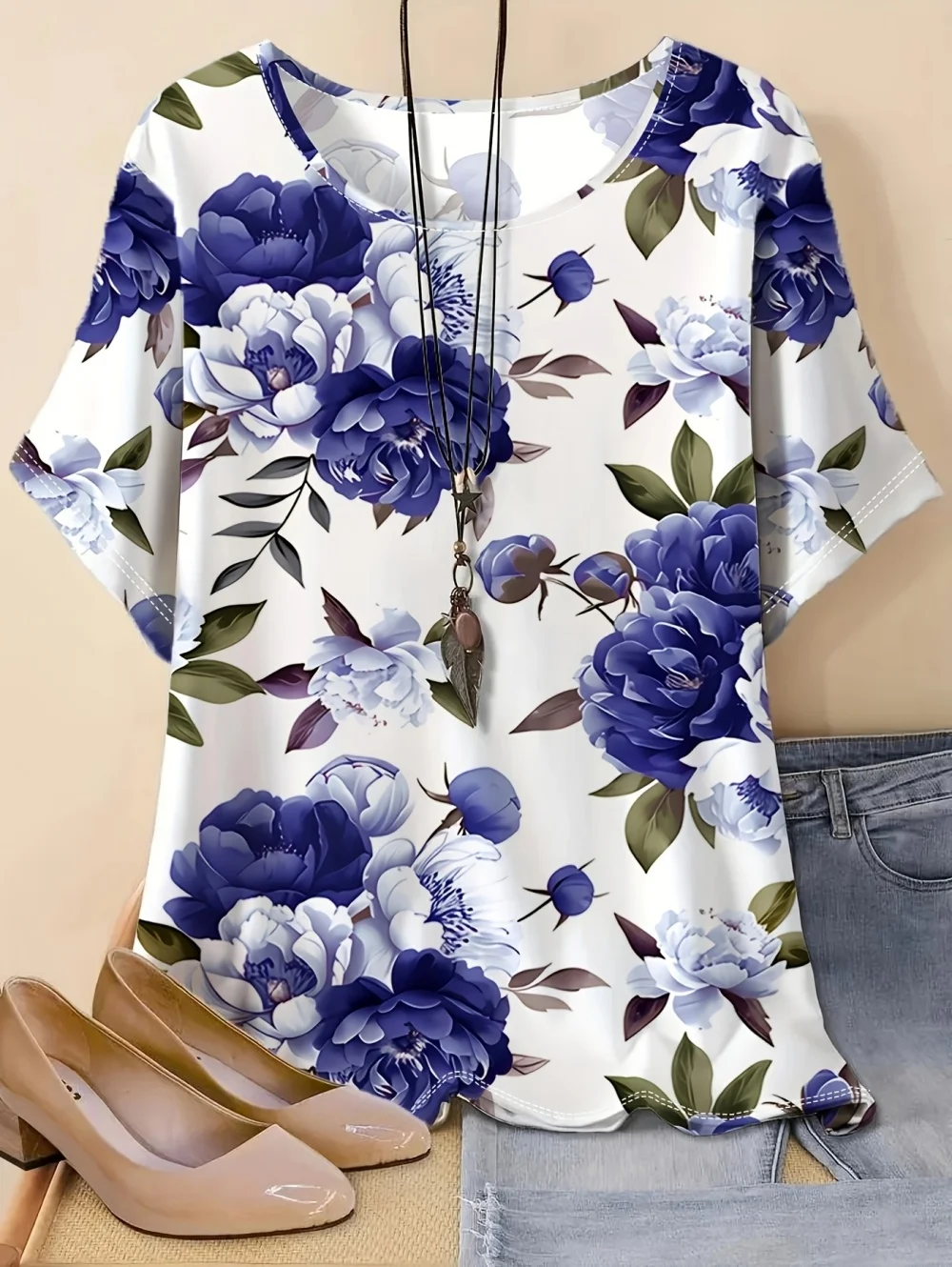 Vintage Lässiges Kurzarm-T-Shirt mit Rundhalsausschnitt für Damen, Sommer-Blumen-T-Shirt, Batik-Oberteil, 3D-Druck, lockere Mode-Damenbekleidung – Detail 3