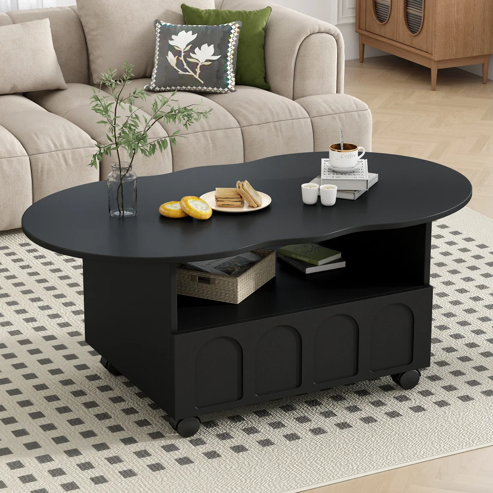 Mesa de centro irregular estilo creme com 2 gavetas, espaço de armazenamento, preto, minimalista, creme, moderno, minimalista