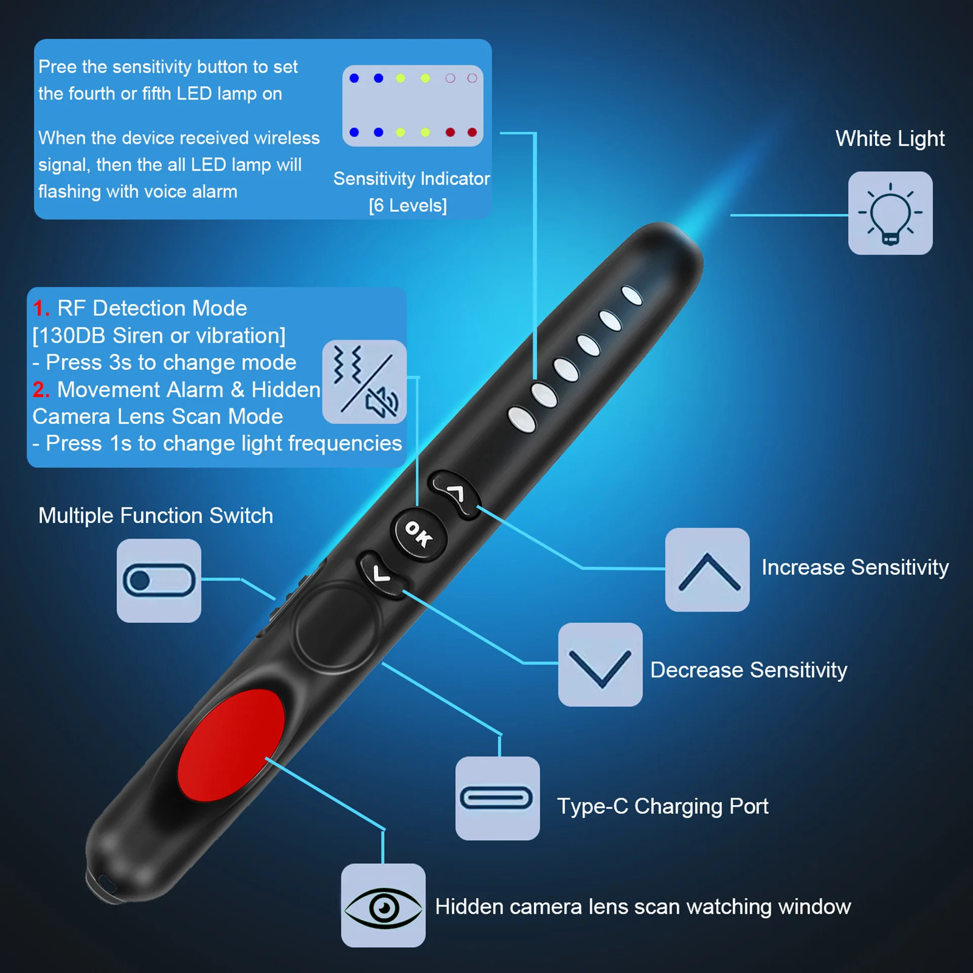 Gadget di sicurezza portatile: rilevatore di auricolari RF, scanner per telecamera spia, allarme antifurto da 130 dB per la sicurezza di viaggi/hotel, nero