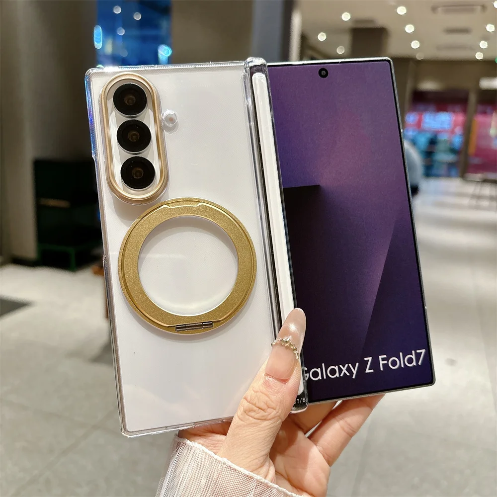 Magnetic Wireless Charging Phone Case for Samsung Galaxy Z Fold 8 7 6 5 Fold8 Clear Rotate Ring Holder Stand Shockproof  Cover