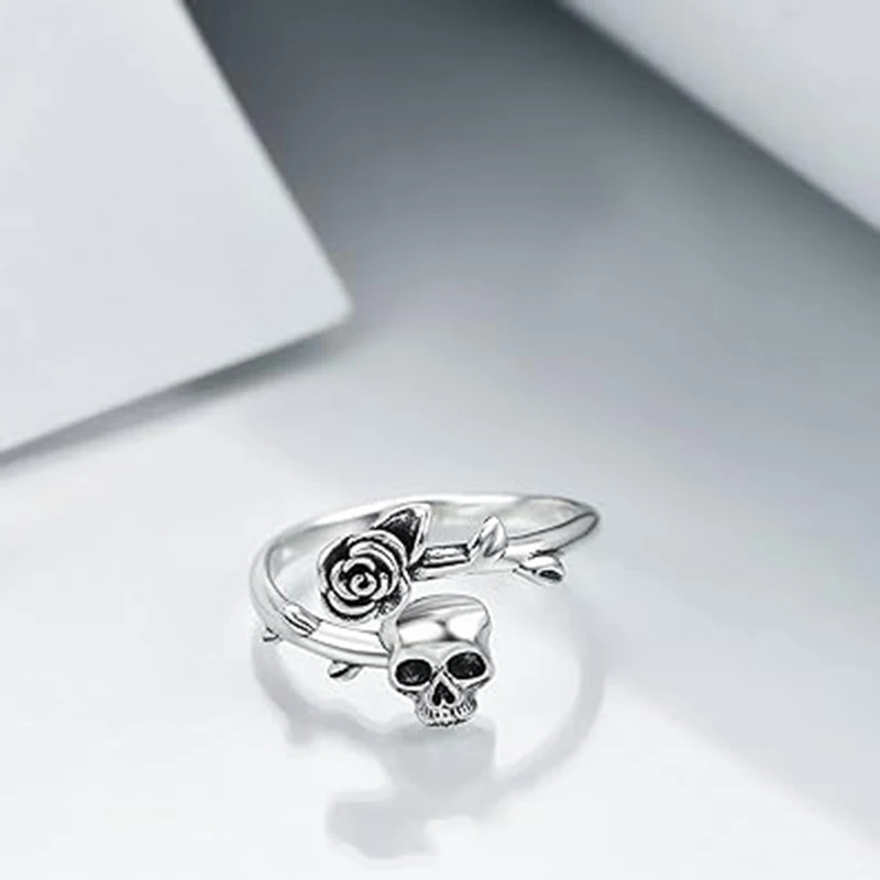 Personalized Fashion Design Silver Color Skull Rose Ring for Women New Gothic Retro Halloween Easter Trend Jewelry Gift image 4