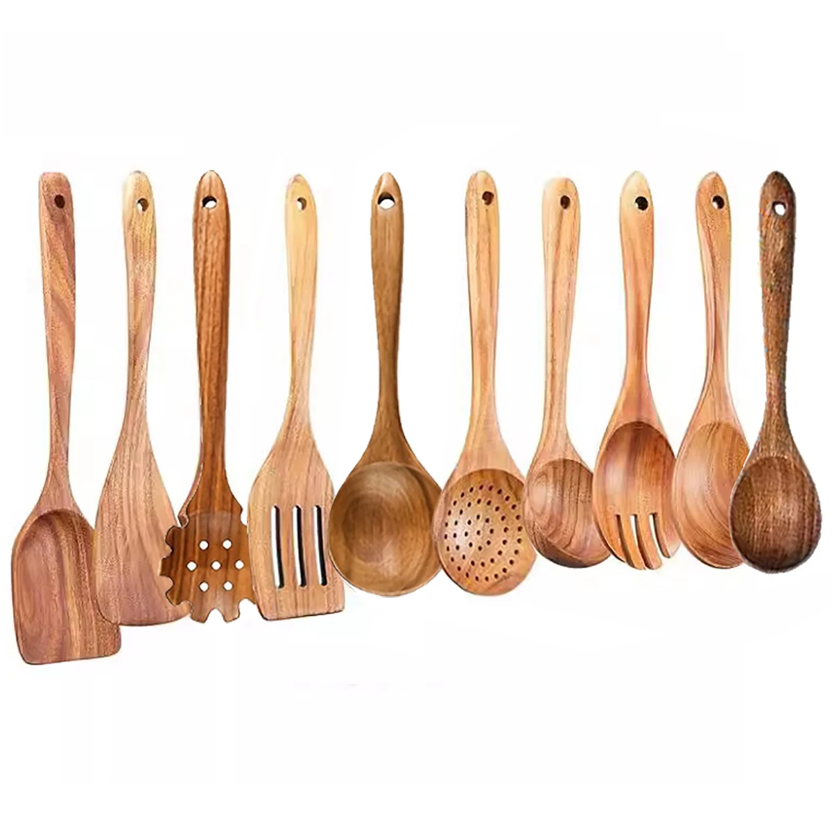 Juego de utensilios de cocina de madera Natural, colador de arroz, espumadera de sopa, cucharas, cuchara para ensalada, utensilios de cocina antiadherentes, 8/9/10 Uds.