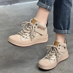 GKTINOO Retro Genuine Leather Hollow Sandals Summer 2025 New Round Toe Lace-up Casual Women Breathable Vulcanize Shoes