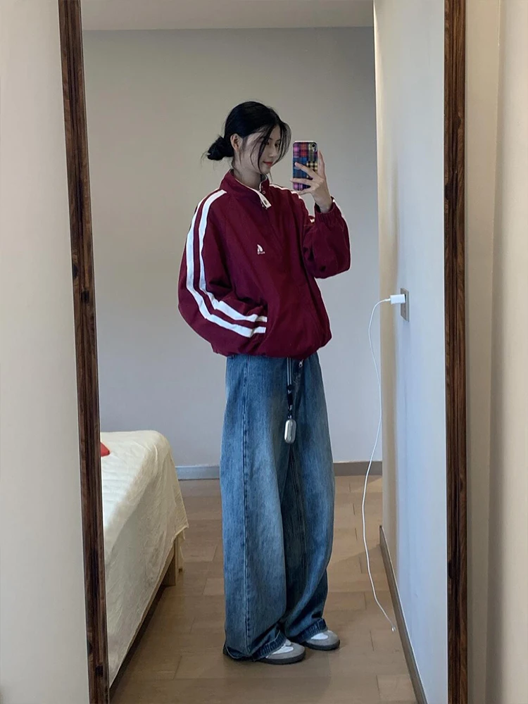 

American Sle ort Red Jaet Women's Spring Autumn 2024 New Arrival Premium Feel Small Size Stand Collar Top