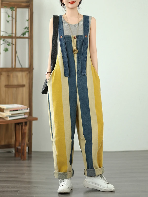Loose Artistic Striped Color Blo Large ket Denim Overalls Women's Premium Faion Brand Summer Wearable Harajuku Sle