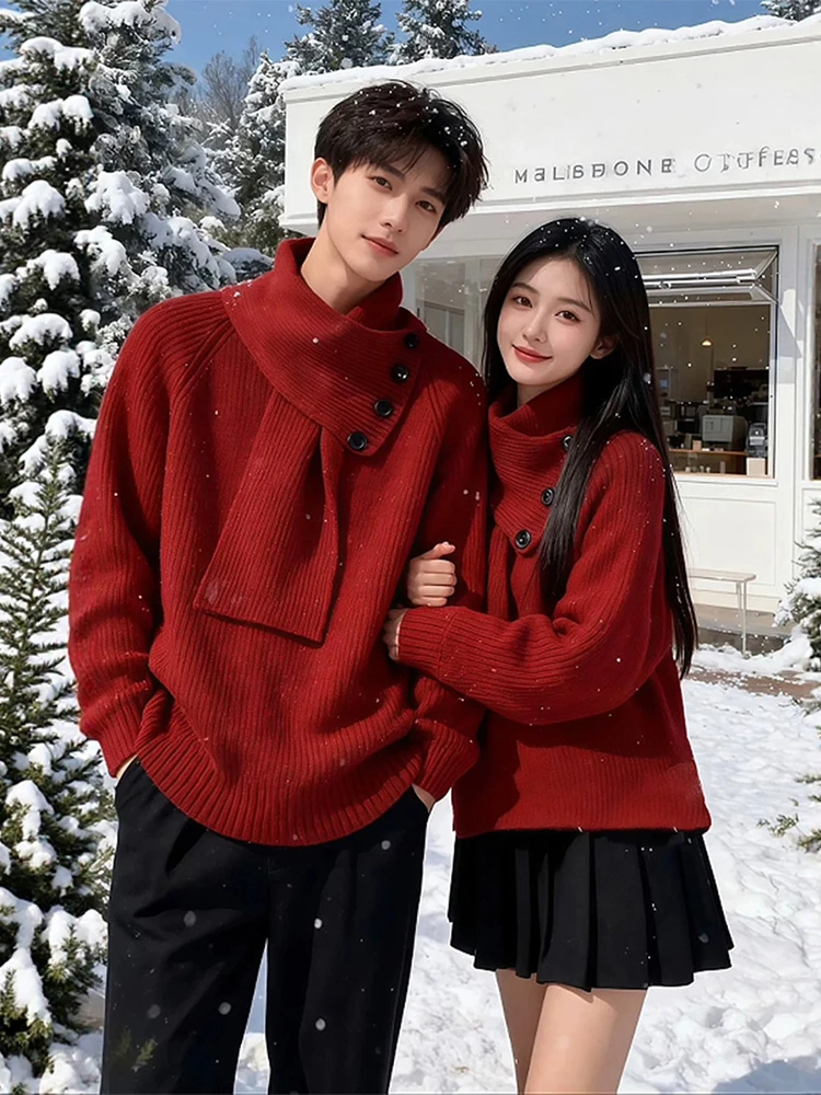 

American Style Men's Knitted Sweater Half High Collar Winter Neck Warmer Red Knitwear Couple's Christmas Outerwear