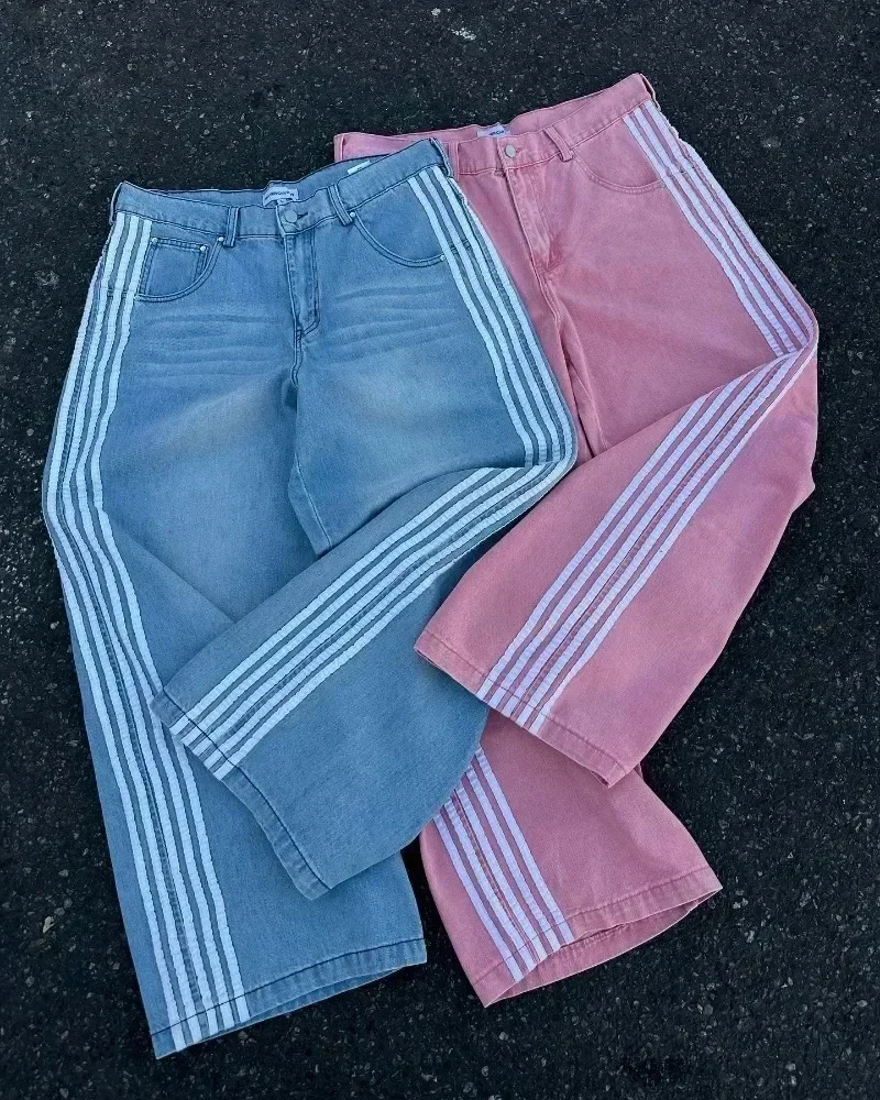 Y2K Jeans streetwear pantalones vaqueros bordados a rayas vintage de alta calidad Harajuku moda nuevos hombres mujeres Hip Hop Casual pantalones vaqueros de pierna ancha