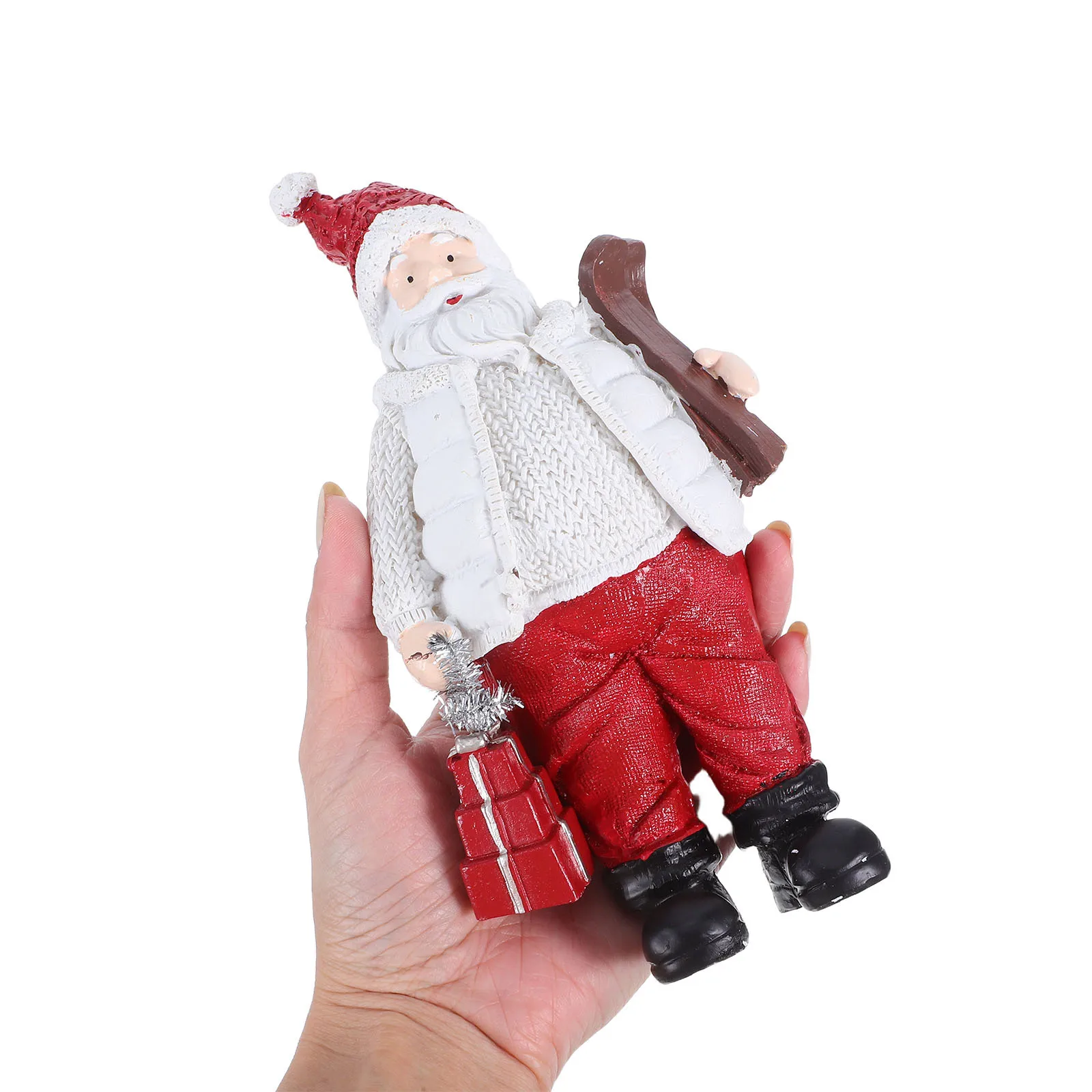 

Santa Claus Resin Statue Indoor Xmas Decor Cheerful Santa Carrying Backpack Tabletop Christmas Centerpiece for Living Room