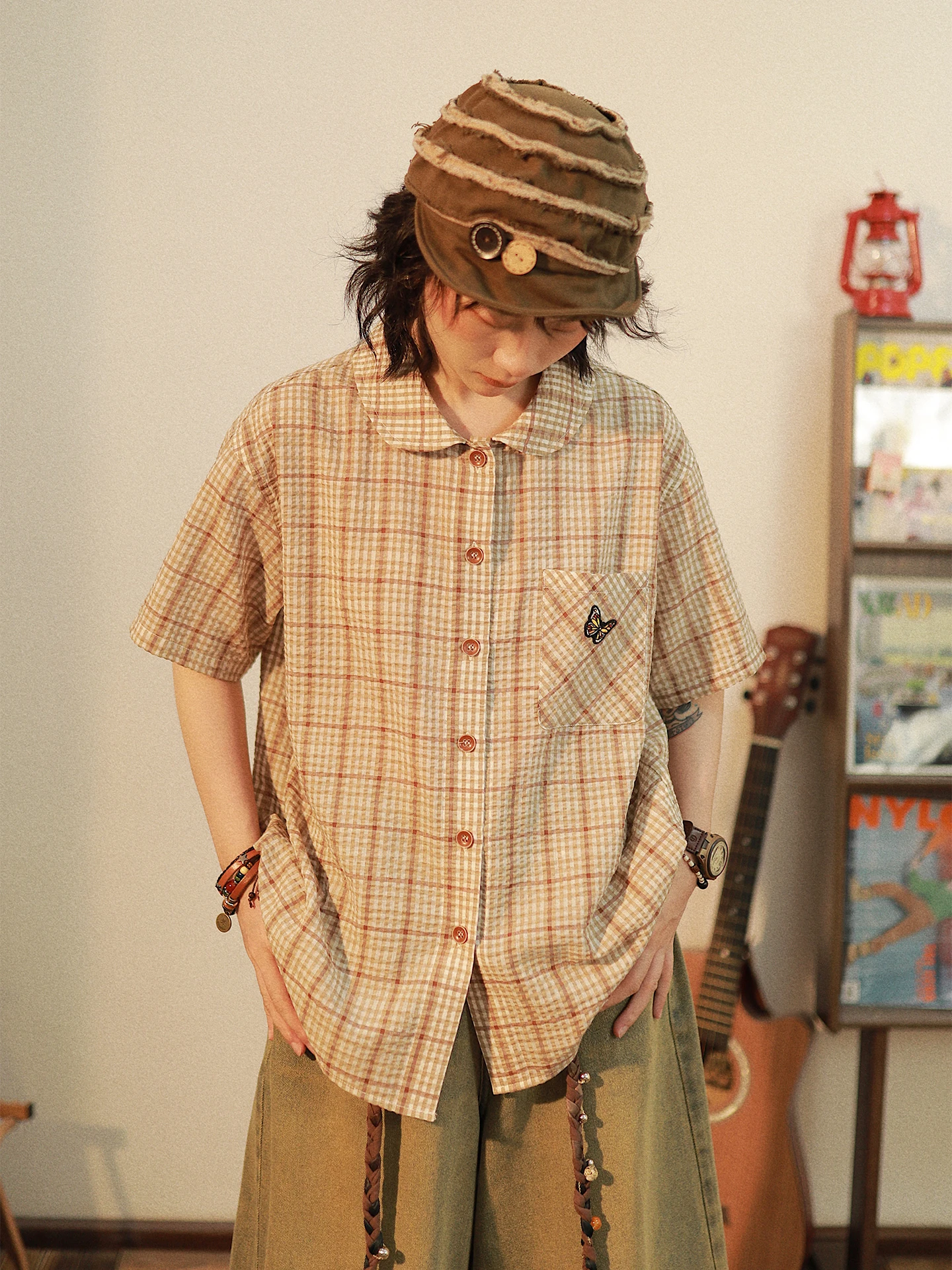 

Женская свободная летняя блузка в клетку в стиле ретро с коротким рукавом AITA STU, оригинальный дизайн, тонкая ткань из смеси полиэстера и хлопка