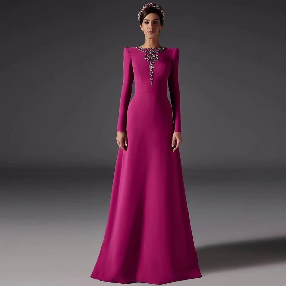 

Fuchsia Evening Dress Customized O-Neck Long Sleeves Ruched Rhinestone Beaded Luxury Women's Evening Gowns Formal Party Dress