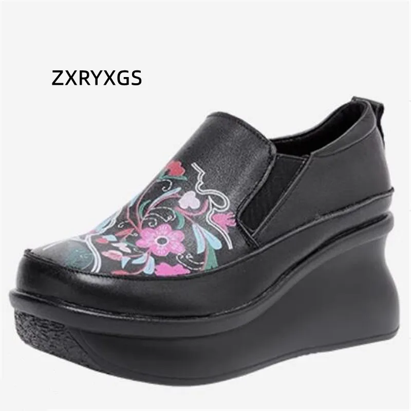 ZXRYXGS Top Layer Cowhide 3D Painting Women Fashion Shoes Platform Wedges Shoes High Heels 2024 Elegant Comfortable Trend Shoes