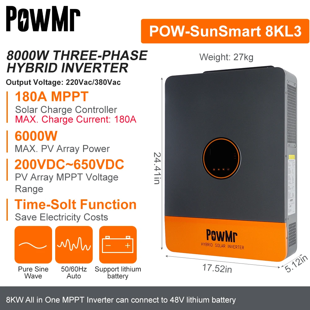PowMr-inversor Solar híbrido MPPT trifásico, 8KW, 380Vac, controlador de carga 180A, batería de 48V CC, máx. 800Vdc, paneles solares