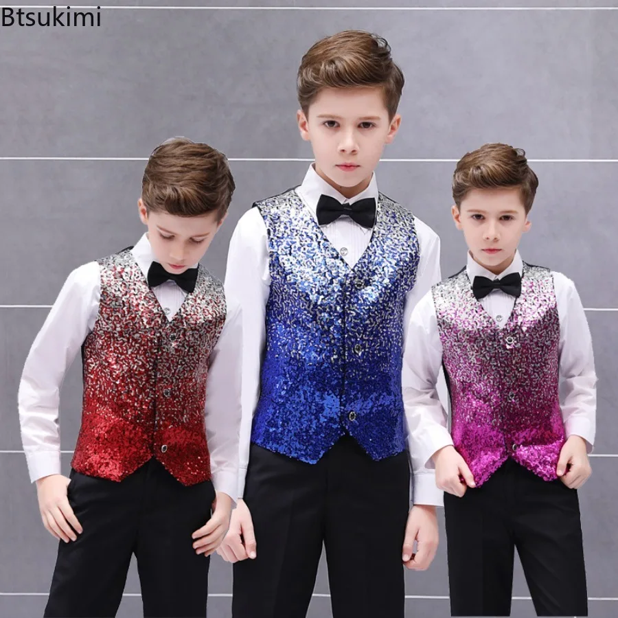 2026 Kids Prince Gradient Sequins Vest Waistcoat Magician Host Prom V Neck Tops Dance Costume Glitter Boys Stage Cosplay Coat