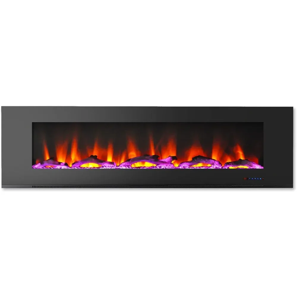 72 In. Electric Wall Mounted Fireplace Heater in Black with Multi-color Flame Driftwood Log Display, Adjustable Heat, Remote