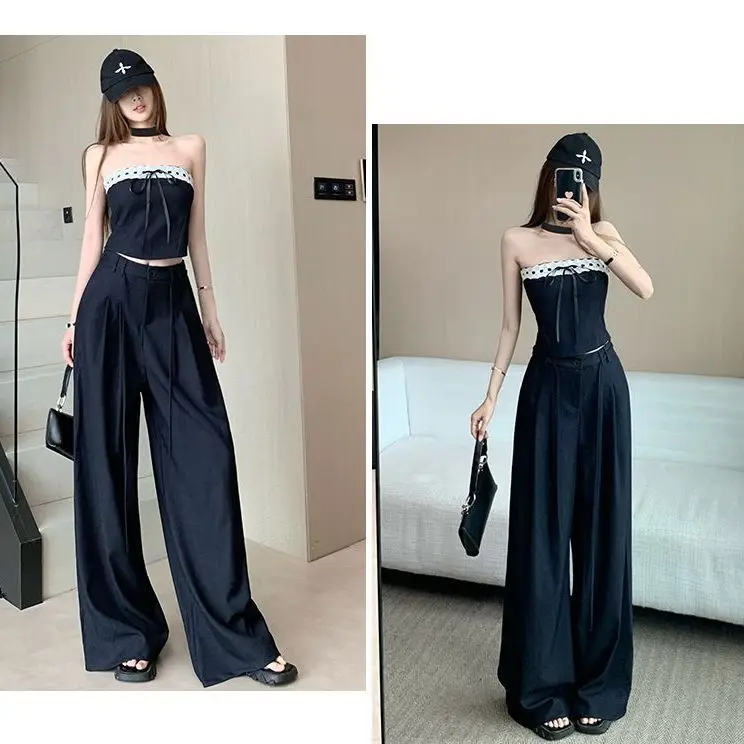 

2026 Spring Summer 2-piece Set Fashionable Lace-edged Tube Top High-waisted Wide-leg Trousers Set Y2K Street Style Daily Casual