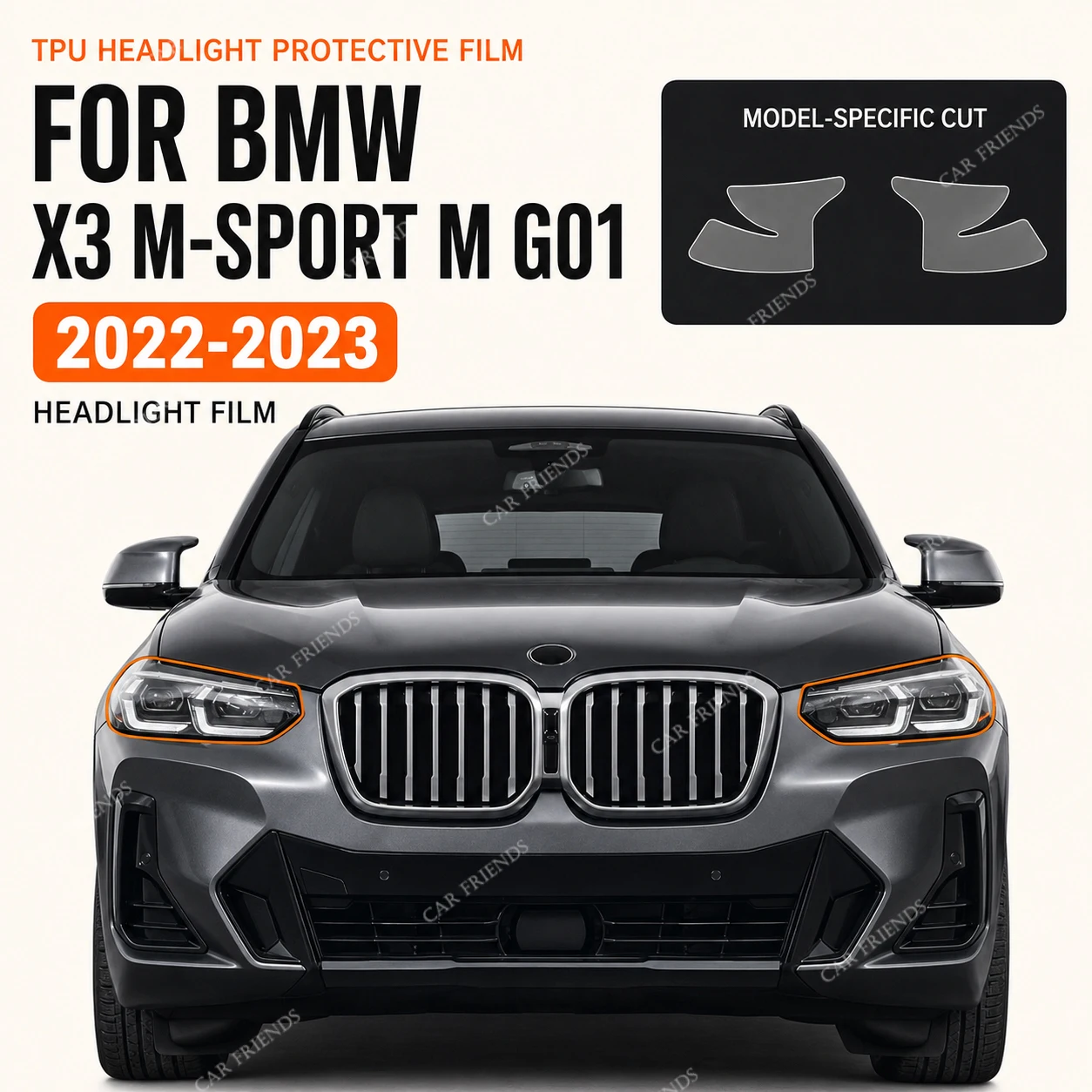 2x Custom Fit TPU Headlight Protective Film for BMW X3 M-Sport M G01 2022-2023 Clear