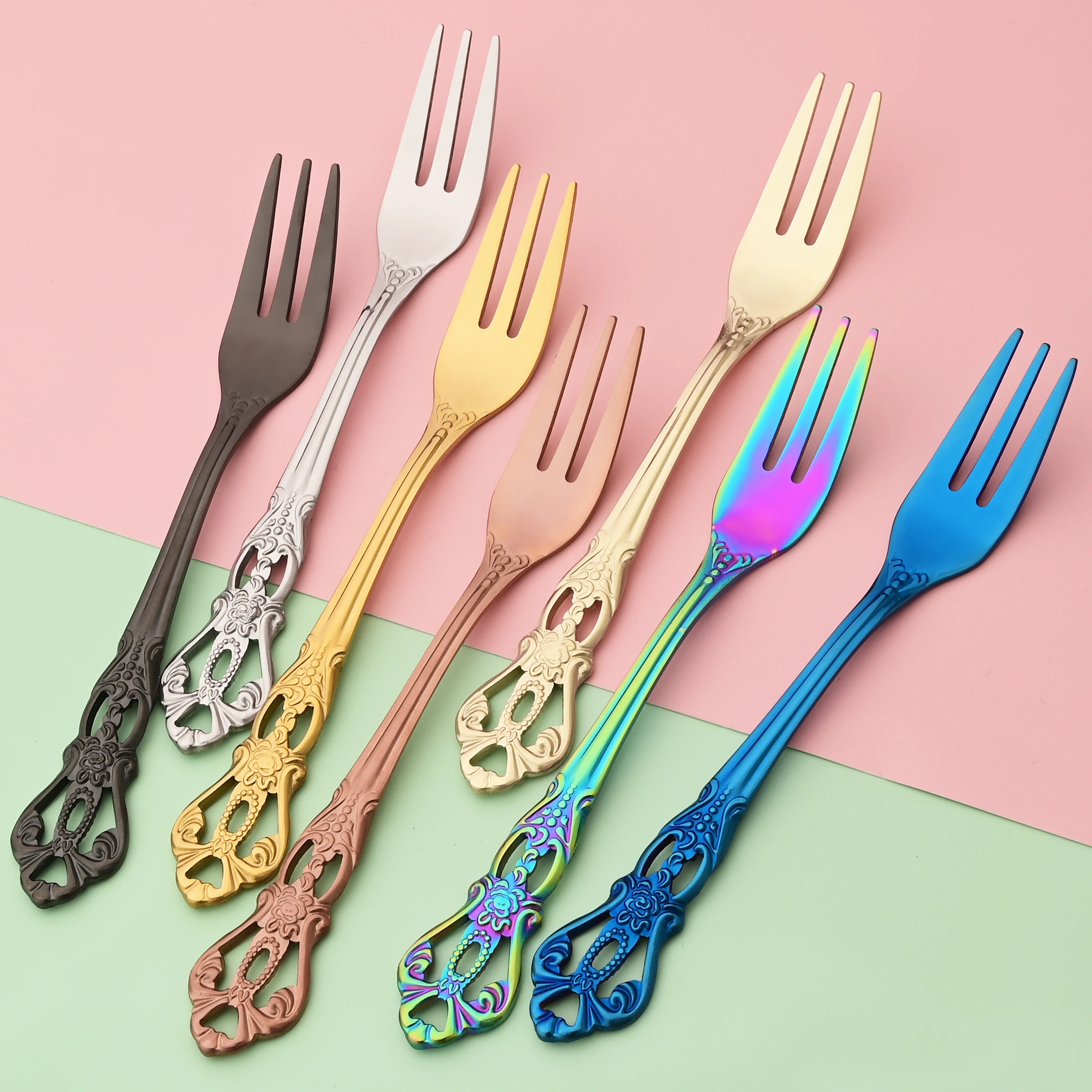 6Pcs Colorful Stainless Steel Fork Dinnerware Set Cake Fork Cutlery Set Fruit Fork Dessert Fork Tableware Party Kitchen Flatware