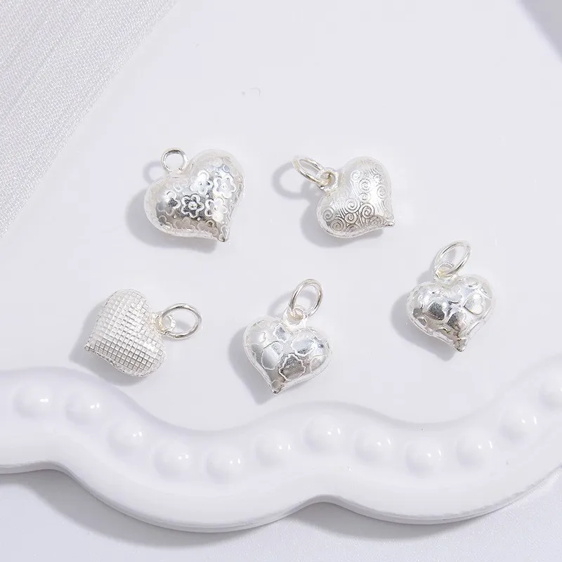 

S925 Sterling Silver 3D Polished Pattern Heart Pendant Unique Threaded Grid Pattern Heart-Shaped Pendant 3 Pieces per Pack