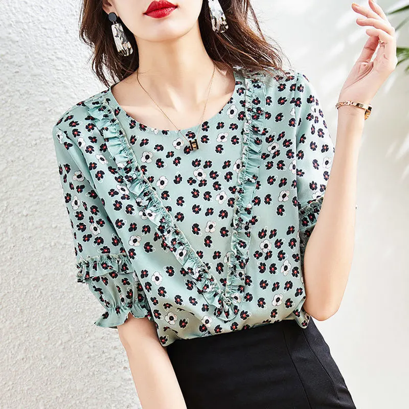 Office Lady Fashion Round Neck Blouse Summer Floral Printed Korean Edible Tree Fungus Spliced Loose Female Clothing Casual Shirt