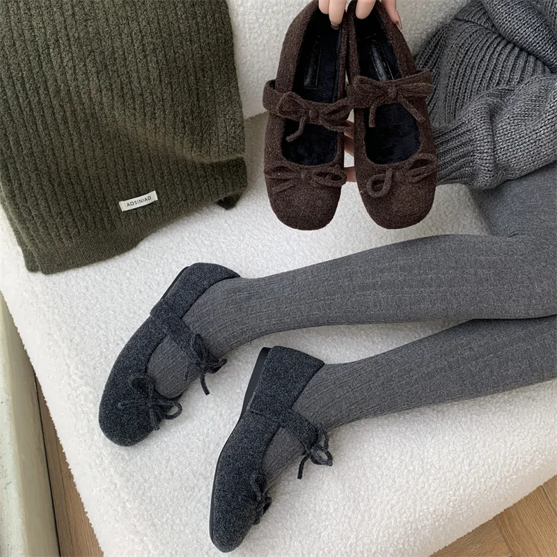 靴女性-2026-ボウノットバレエフラットローファー毛皮女性靴新しい蝶バレリーナドレス冬メリージェーン靴女性