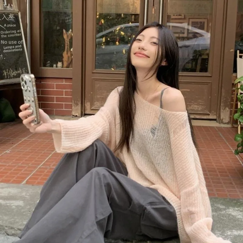 

Ladies Soft Cozy Overhead Knitted Sweater Spring Summer oulder Bared Chic Cover up Hole Punching Sun Protection Top