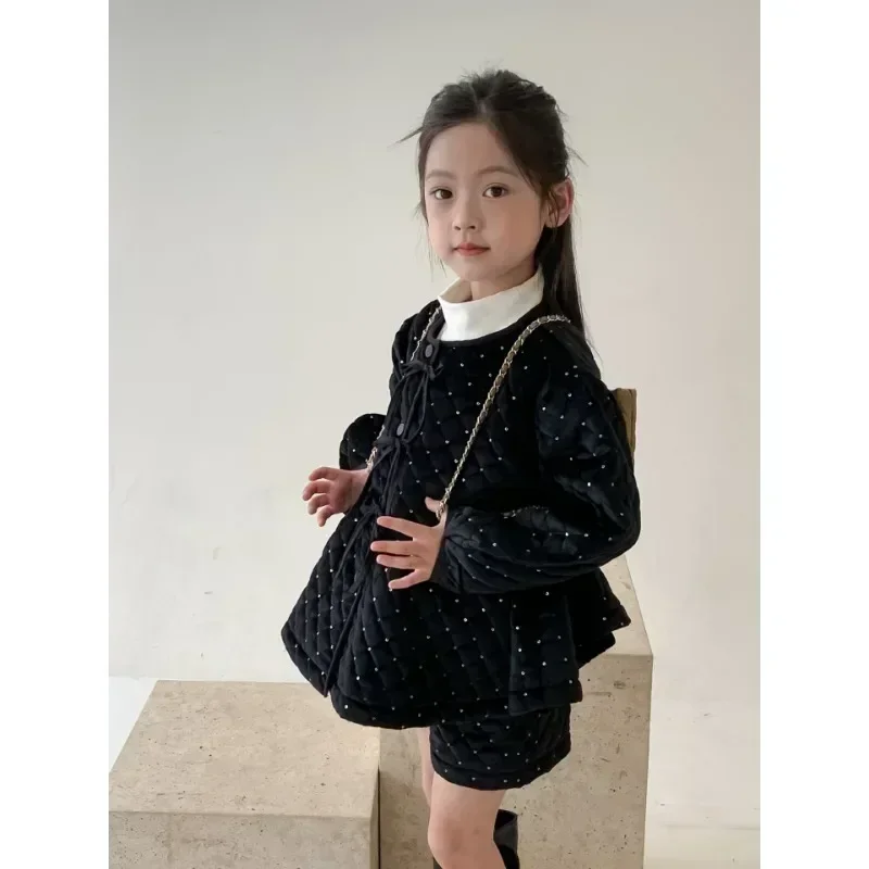 Children Clothing Set Girls Cotton Suit 2023 Winter New Velvet Fashionable Casual Simple Kids Coat Shorts Two Piece Set