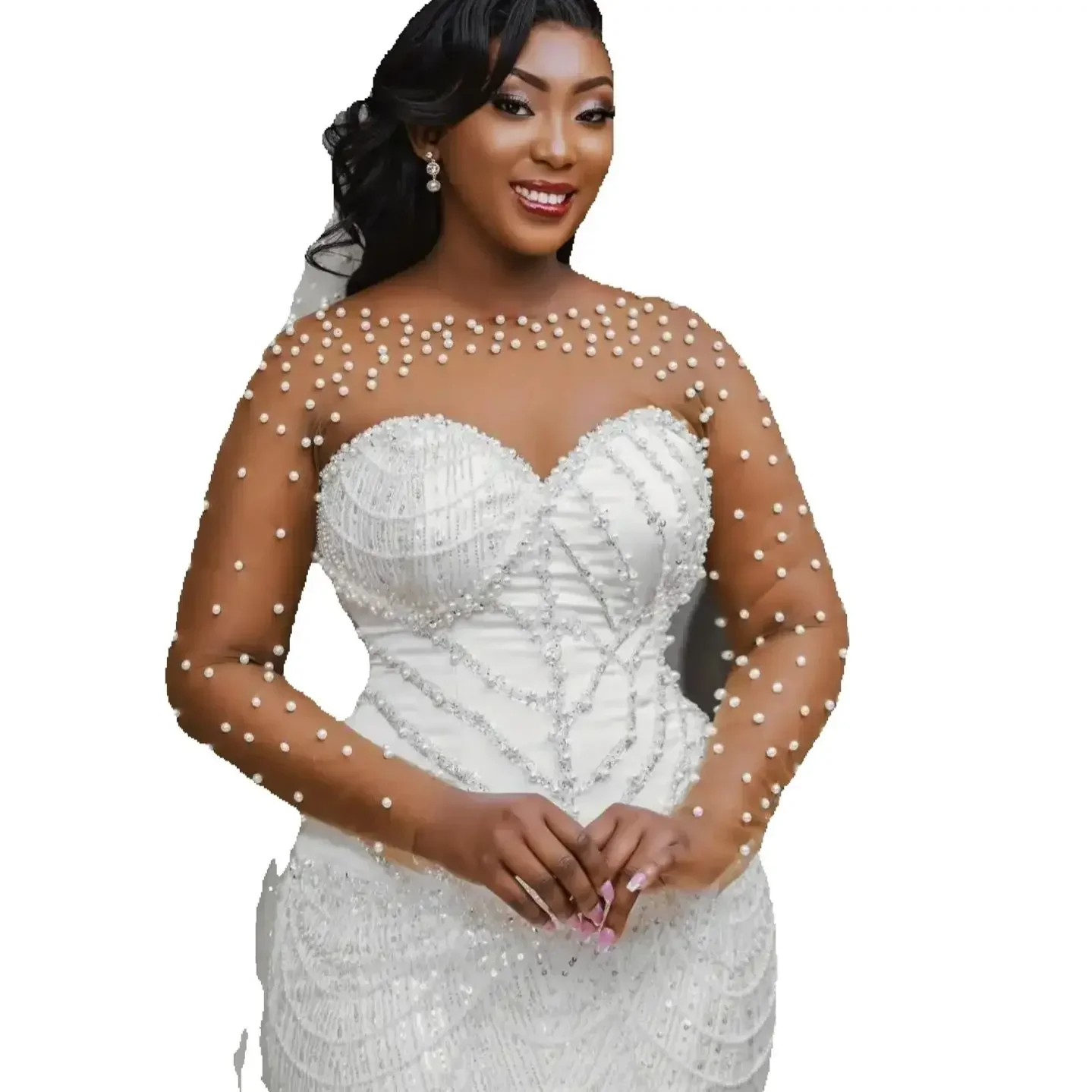 

Индивидуальные свадебные платья в стиле арабского асо-эби для невесты 2024 года, больших размеров, с длинными рукавами, блестящими пайетками и жемчугом, силуэт «русалка»