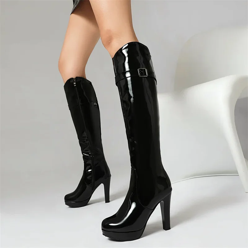 2024 Winter Sexy Knee High Long Boots Ladies Block High Heel Gold Sliver Side Zipper Banquet Party Women Shoes Black Drop Ship