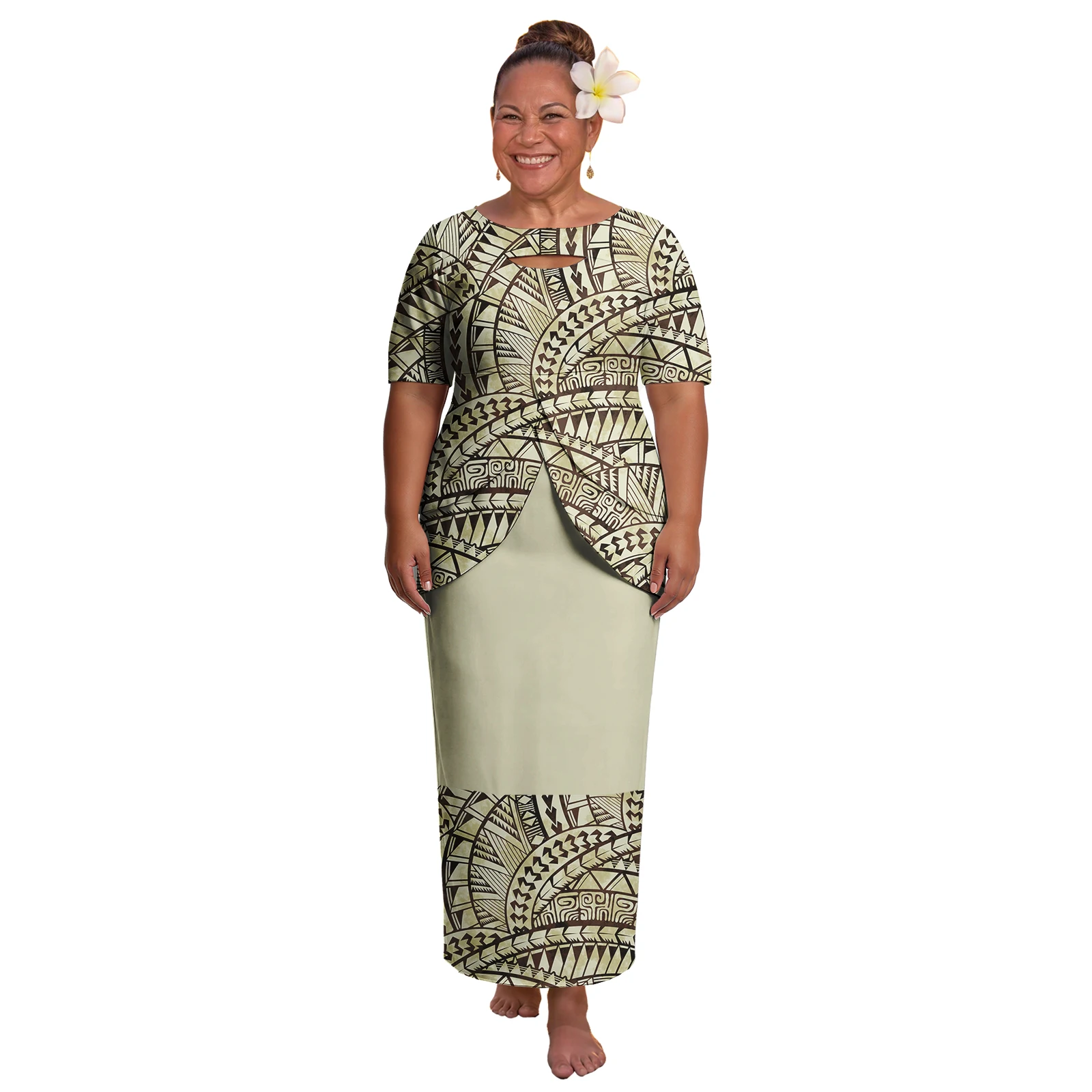 Tapa Ladies Wear Hawaiian Island Plus Size Clothes Samoan Double Layer Slit Top and Skirts Party Dress Polynesian Puletasi Women