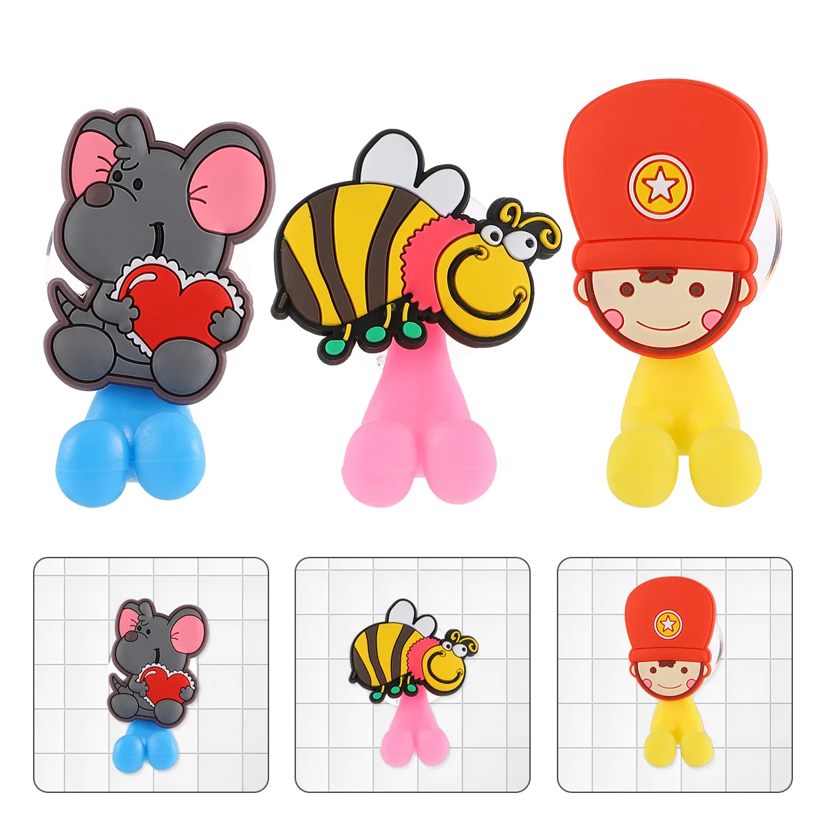 3 Pcs Suction Wall Toothbrush Holder Bathroom Cartoon Hooks Cute Rubber Animal for Toothbrushes