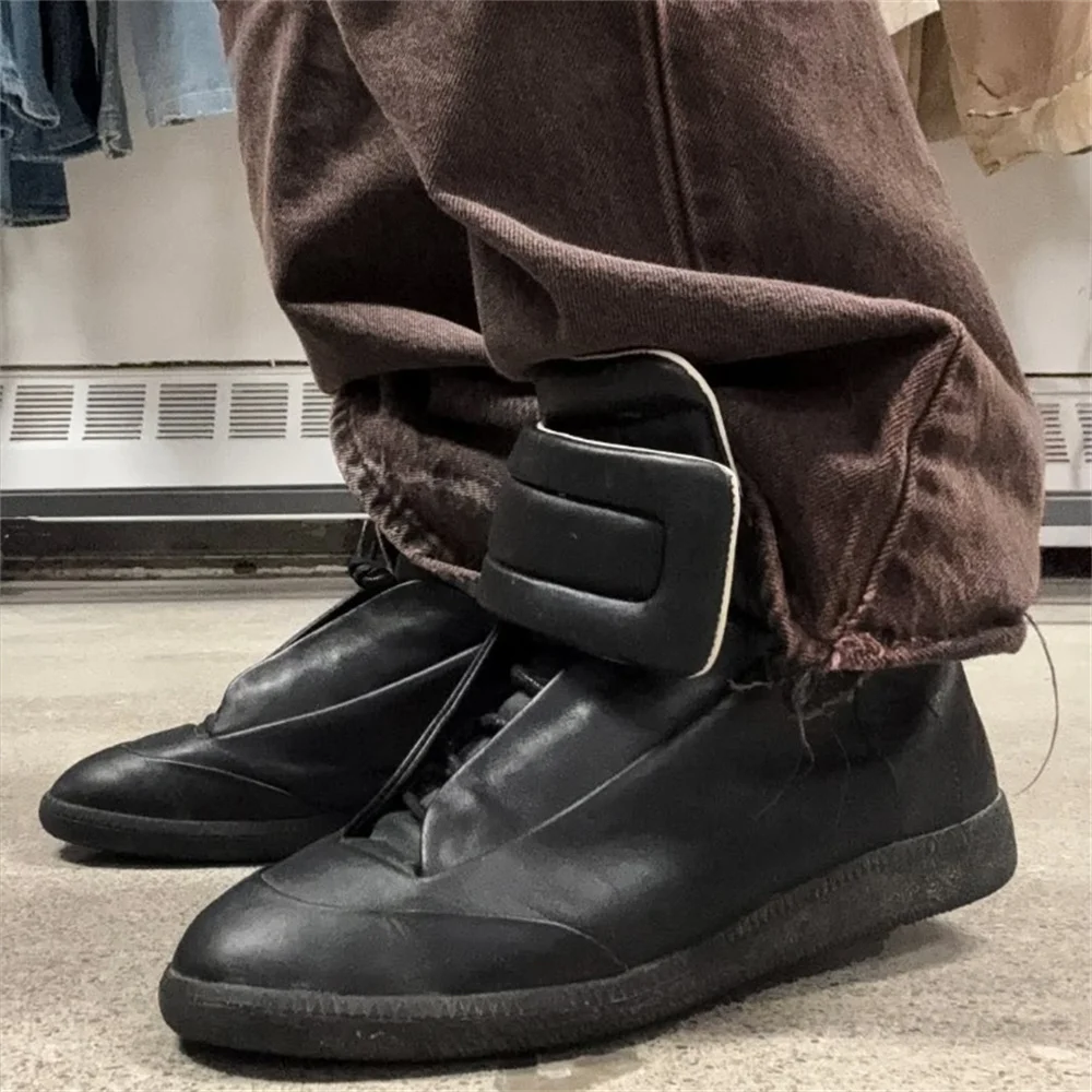 

Black Red High Top Sneaker Men Genuine Leather Hook & Loop Casual Comfort Flat Fashion Shoes Trainers Ankle Boot for Men