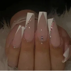 24Pcs Long Ballet French Girls Nail Art White Fake Nails Manicure Press On Nails False With Designs Artificial Wearing Reusable