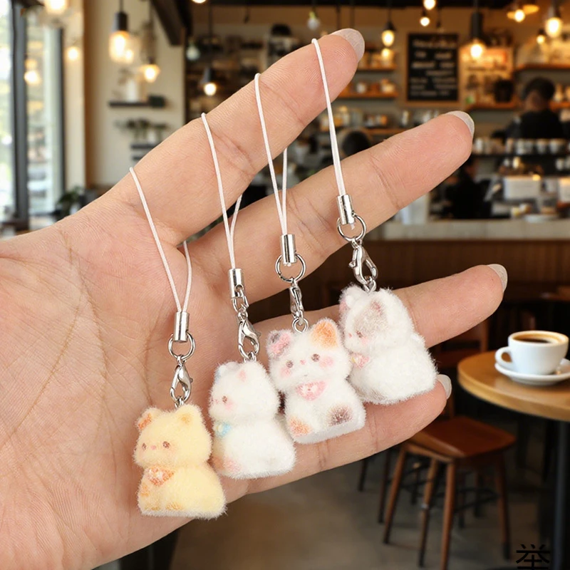 

Cute Cartoon 3D Flocking Resin Cat Hanging Chain Phone Charm Pendant Fashionable Ornament Cell Phone Chain Keyring Strap Lanyard