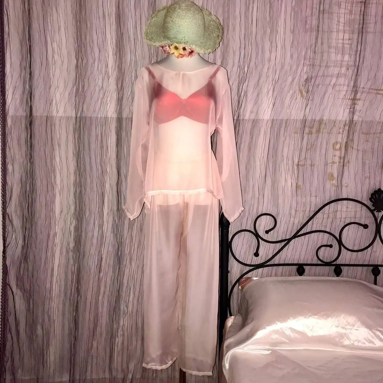 

Voile Mesh See Through 2 Pieces Set Long Sleeve Top Sleeping Pants Bottoms