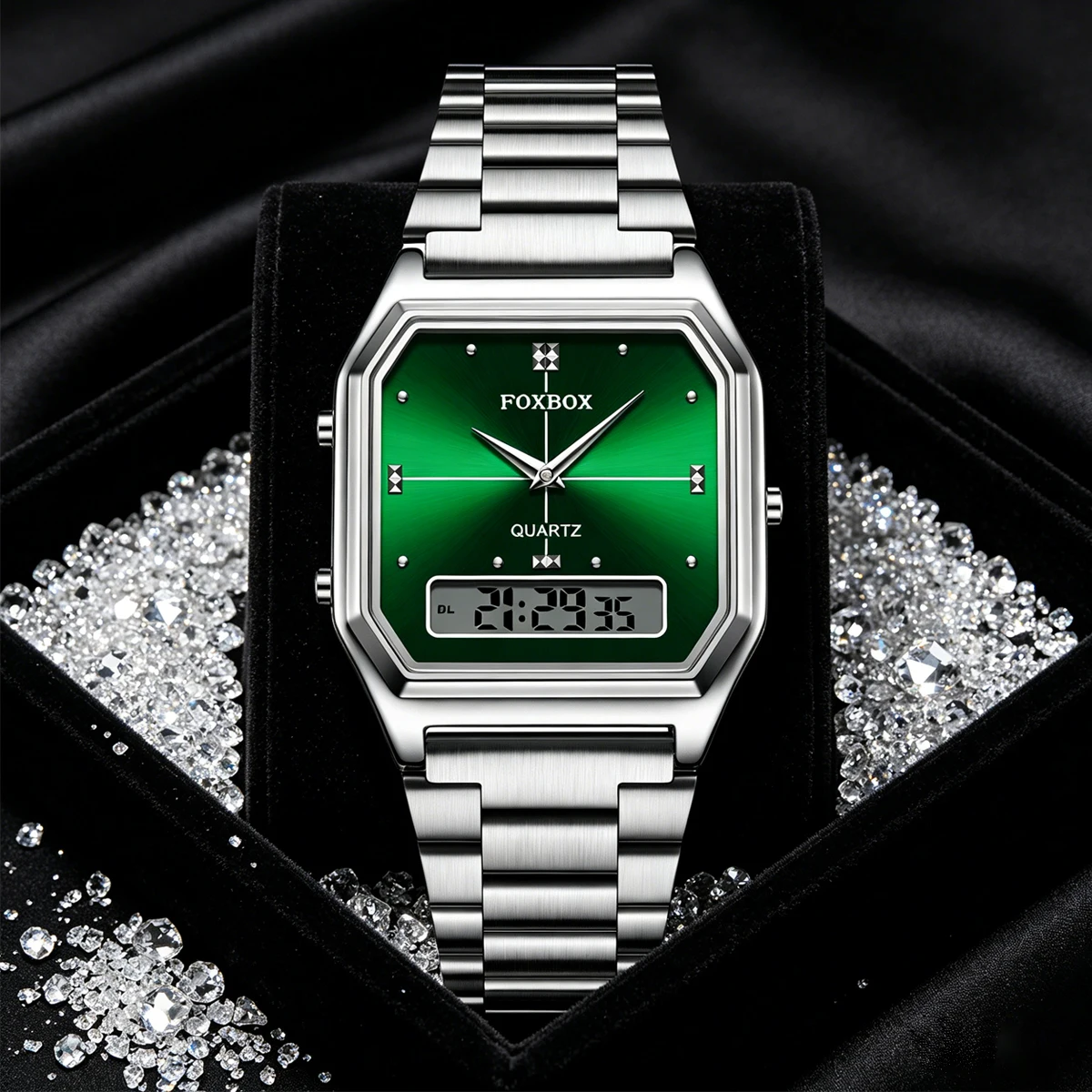 FOXBOX Luxury Mens G Style Watches Stainless Steel Women LED Digital Dual Display Clock Unisex Waterproof Sports Quartz Watch