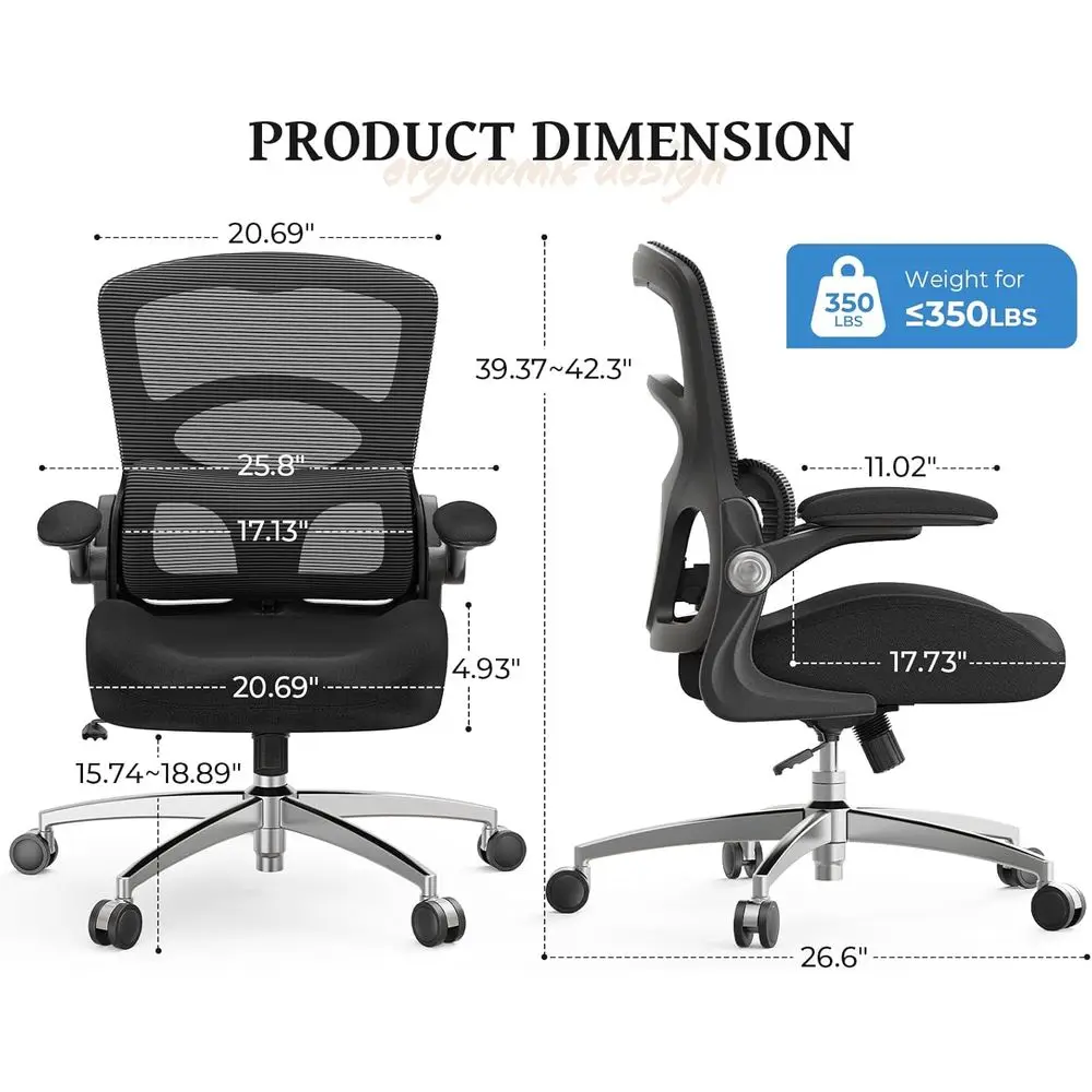 Ergonomic Office Chair - Adjustable Lumbar Support for Big and Tall, 350lbs Capacity, Mesh with Flip-Up Arms for Gaming and Home