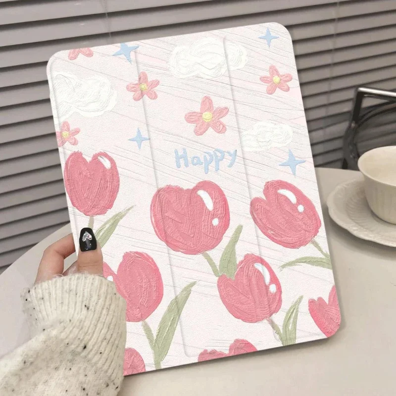 

Чехол-подставка для планшетов Smart Stand для Ipad 2017 10,5 дюймов Ipad Mini6 8,3 Pro 11, 2-й 3-й 4-й чехол для Ipad 9 поколения, розовый тюльпан