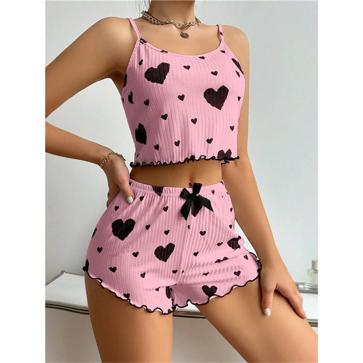 

Summer Women's Bow Pajama Set Breathable Soft Casual Love Printed Design Sweet Home Strap Sleeveless Top and Shorts Loungewear