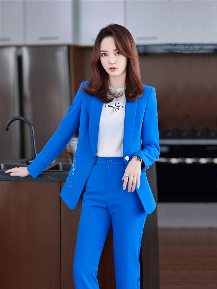 Women's Diamond Blazer Set Office Suit Pantsuit Simple Solid Color Collar Long Sleeve Jacket and Trousers 2 Piece Outfit Blue