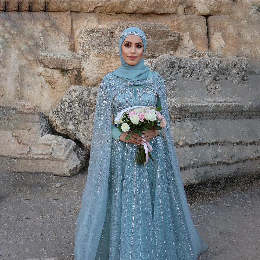 

Muslim Wedding Dresses Cape Hijab Long Sleeve High Neck Bride Dress A-Line Beads Women Bridal Gown Customized vestidos de novias