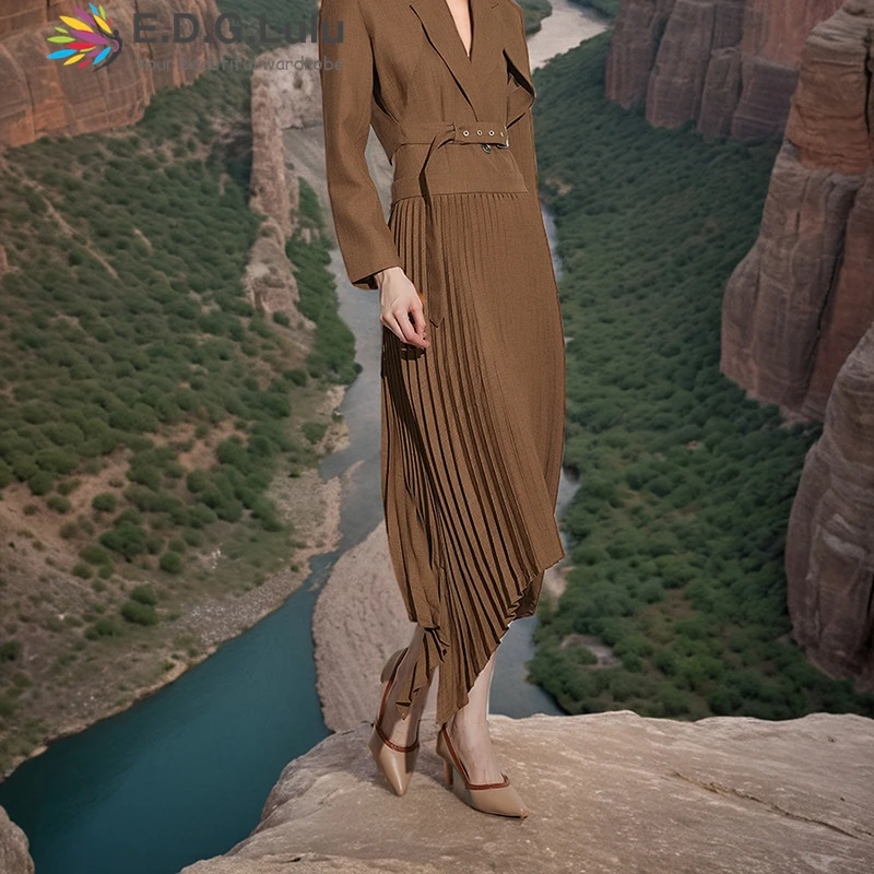 EDGLuLu High Waist Irregular Skirt For Women 2025 Spring Solid Female Clothing Brown Pleated Long Skirts Office Lady New 0109