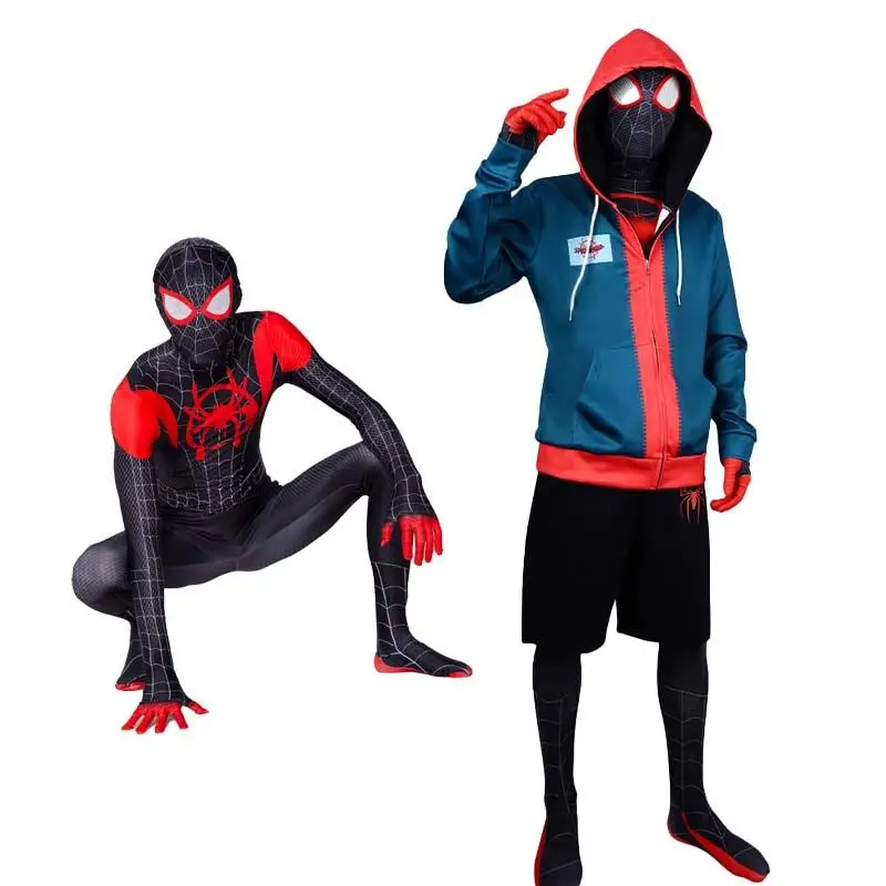 

Halloween Men Superhero Cosplay Costumes Miles Morales Black Zentai Suit Full Jumpsuit with 3D Mask Dress Up for Adults Kids