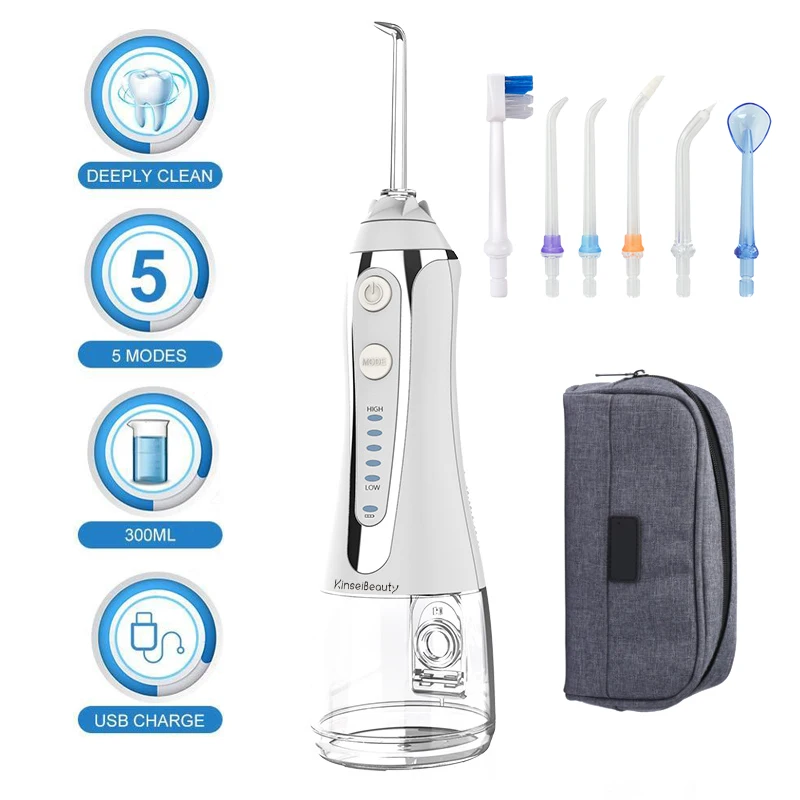 5 Modes Oral Irrigator 300ml Portable Water Dental Flosser Dental Teeth Cleaner USB Rechargeable Irrigator with Travel Bag