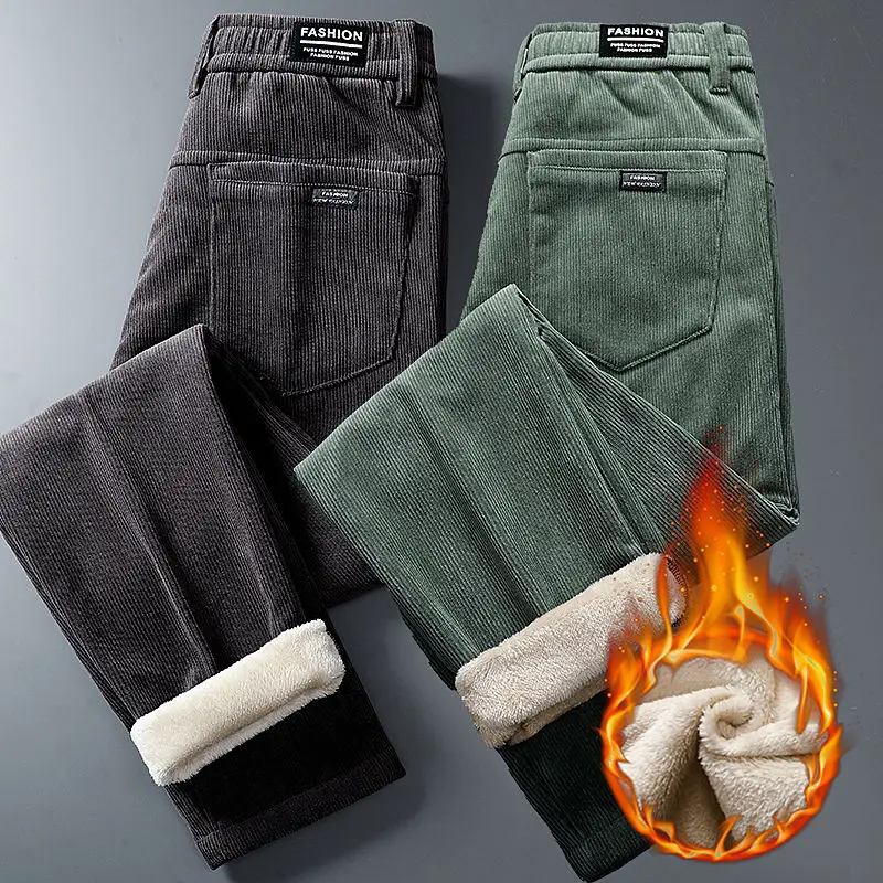 Men's Fleece Pants Men's Winter Corduroy Men's Pants Cold-proof Warm Thickened Casual Pants Men's Autumn Winter Straight Pants