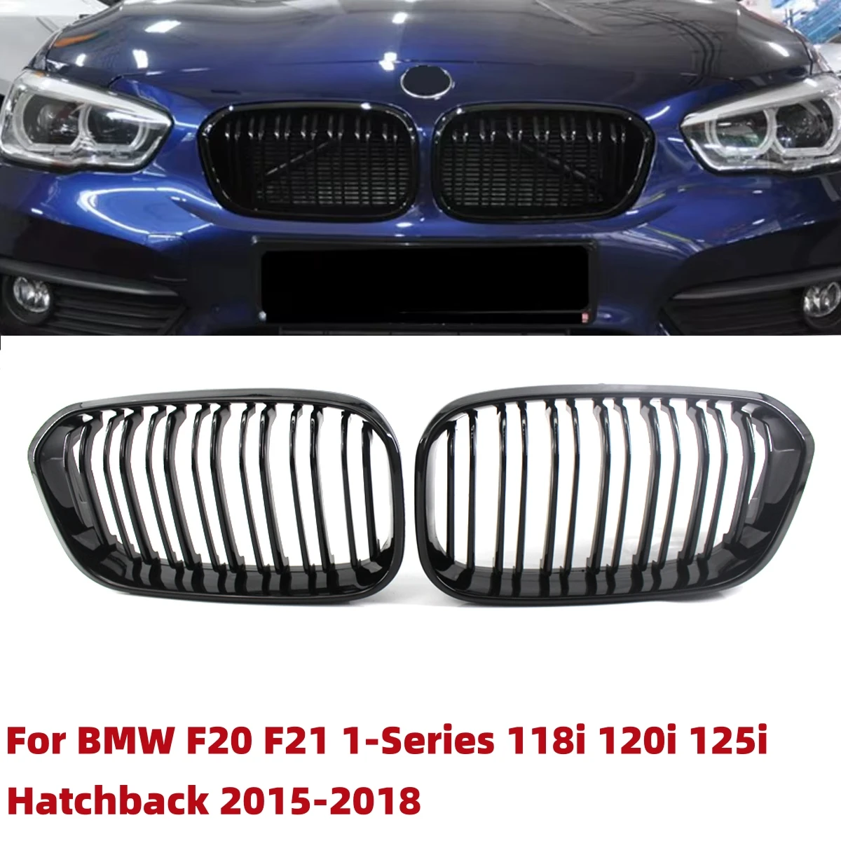 Front Bumper Kidney Racing Grille For BMW F20 F21 1-Series 118i 120i 125i Hatchback 2015-2018 Glossy Black Double Line Grill