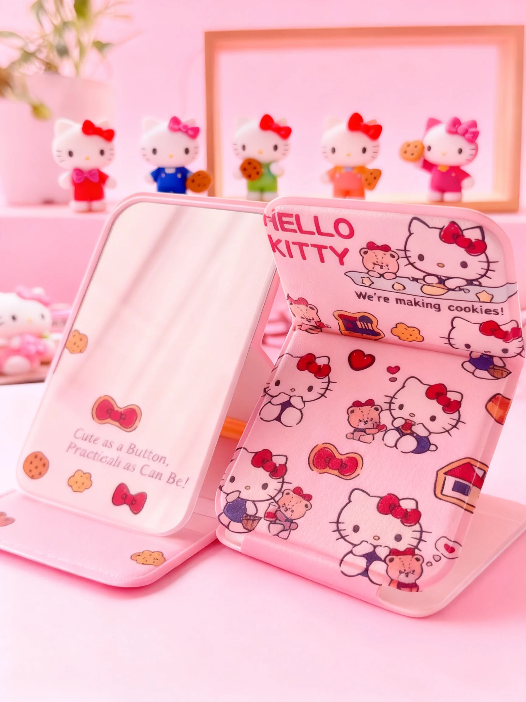

Мини-складное зеркало Hello Kitty: милое, портативное, для макияжа, маленькое, с мультяшным дизайном, стильное зеркальце