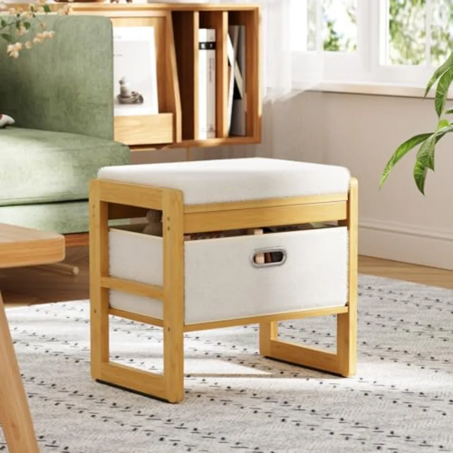 Storage Ottoman Bamboo Footstool with Drawer 3-in-1 Soft Ottoman with Storage Multifunctional Footrest Seat and Organizer for L