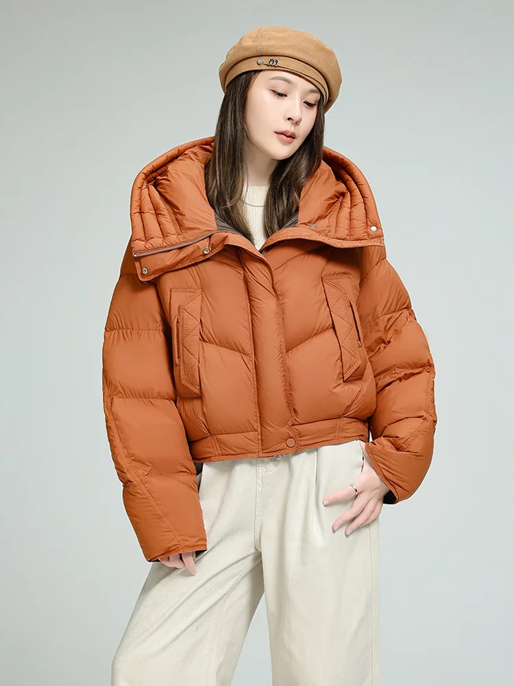 منتفخ كوري قصير لعام 2025. 90% بطة، ياقة واقفة وغطاء للرأس. دافئ للغاية وأنيق.