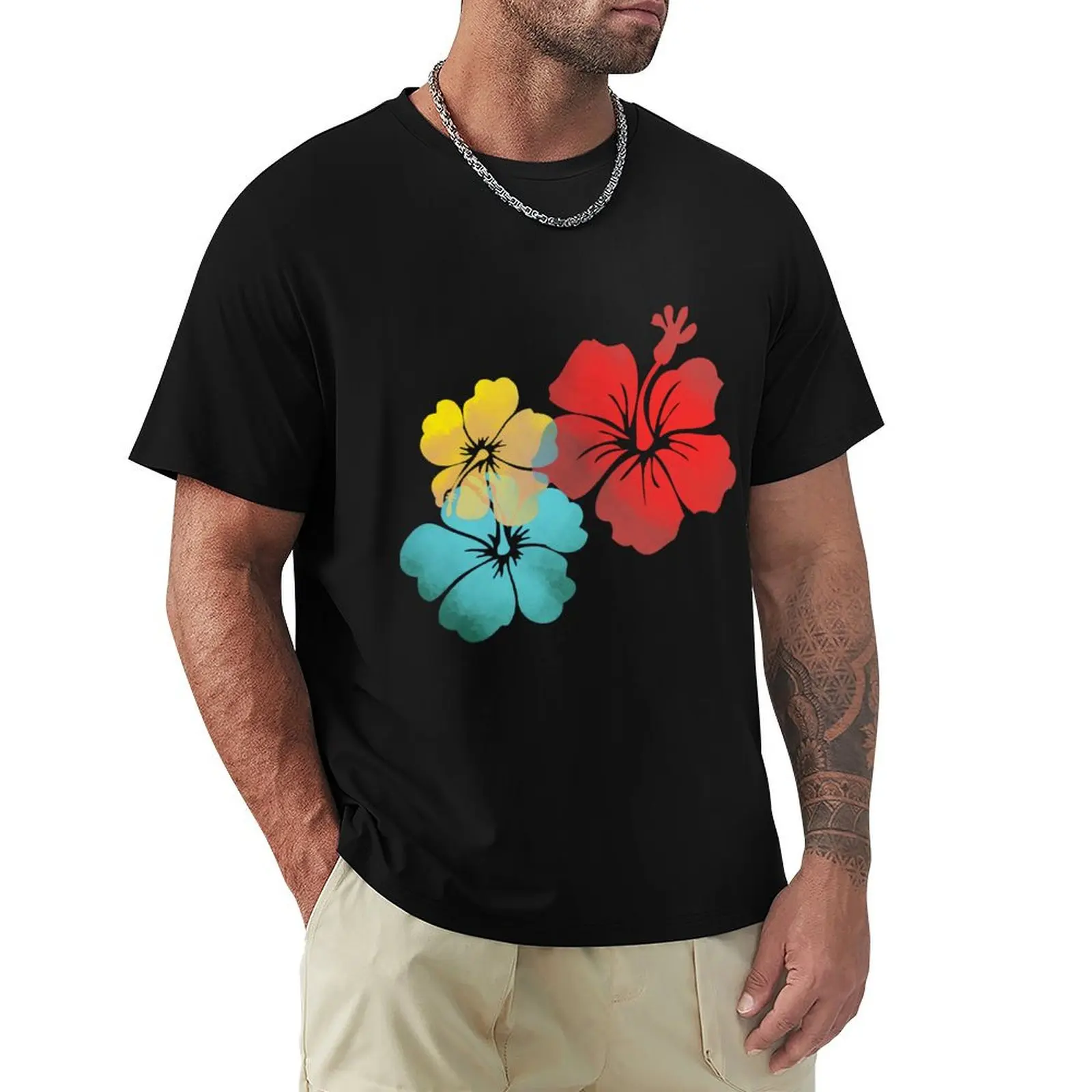 Camiseta Hawaii Hibiscus, camiseta deportiva resistente al sudor, color naranja, amarillo y azul aguamarina