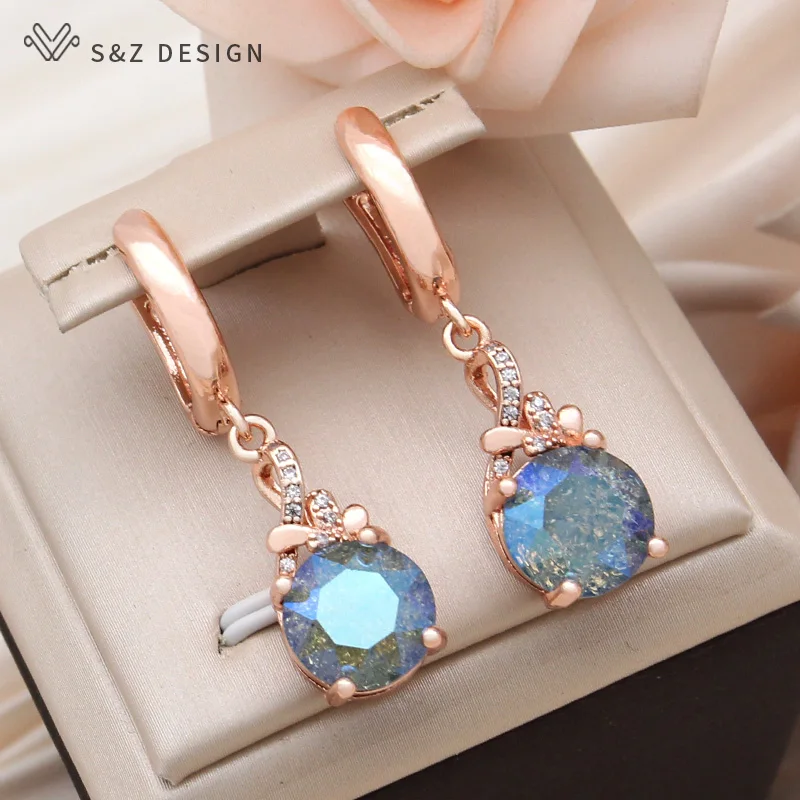 S&Z DESIGN New Fashion Round Crystal Dangle Earrings For Women 585 Rose Gold Color Cubic Zirconia Wedding Party Jewelry Gift